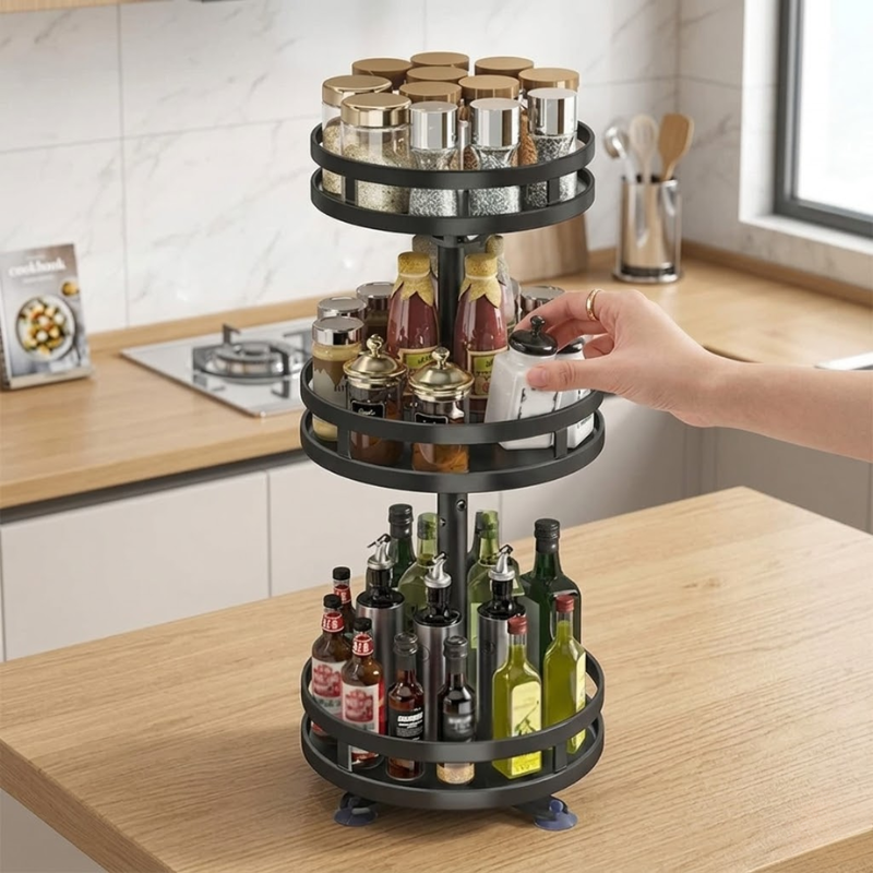 3 Layer 360° Rotating Spice Rack Organizer Carbon Steel Non-Slip Kitchen Tray