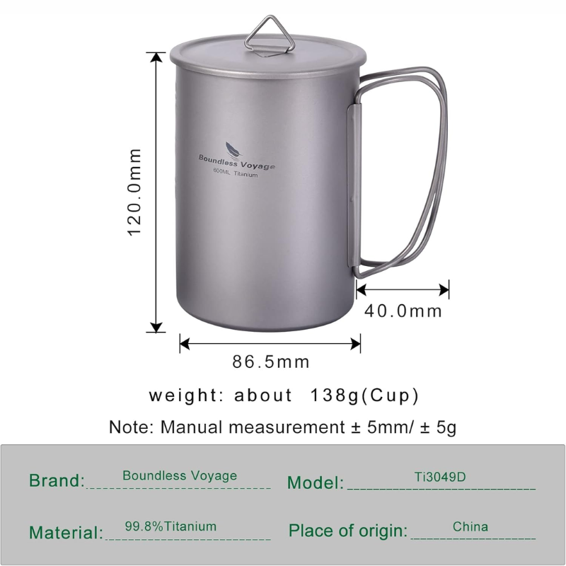 600ml Titanium Camping Cup with Lid Foldable Handles and Storage Bag