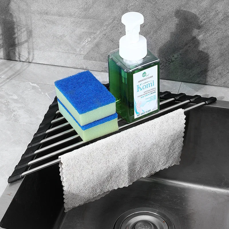 Black Roll Up Triangle Dish Drying Rack Stainless Steel Corner Sink Organizer