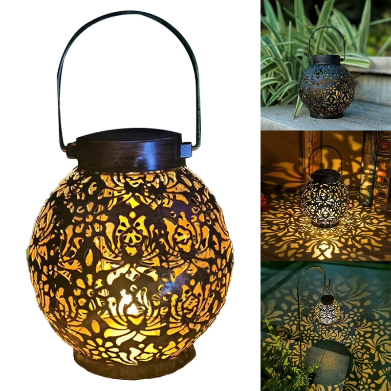 Solar Hanging Iron Lantern Light Warm White Projection Outdoor Garden Decor Lamp