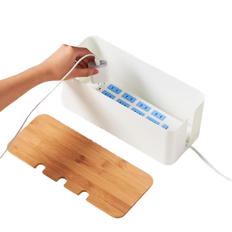 Small Cable Management Box White with Wooden Style Cover Cord Organizer