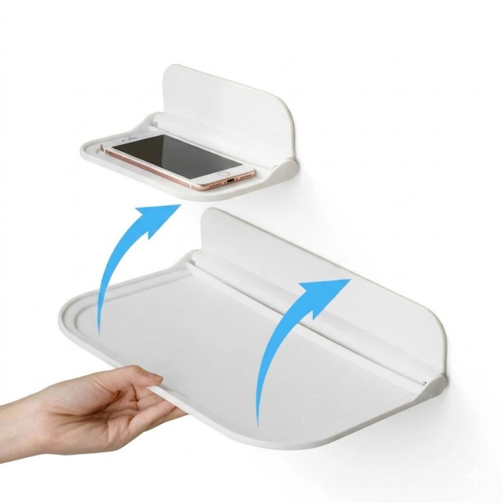White Folding Wall Mounted Shelf Punch Free Storage Rack Phone Holder Space Saving