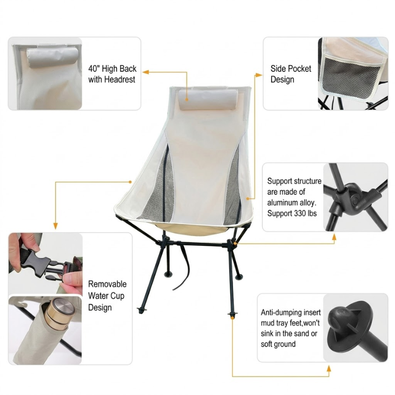 Portable Folding Camping Chair Beige with Headrest Lightweight Aluminium Outdoor Chair