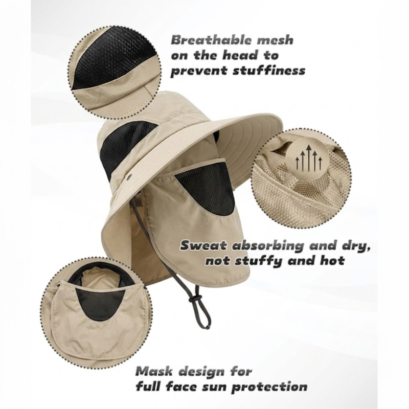 Khaki Outdoor Sun Hat with Neck Flap Wide Brim Fishing Hiking Bucket Hat