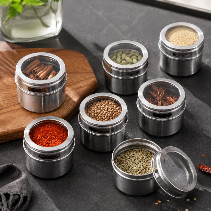 2 Piece Magnetic Spice Storage Jar Stainless Steel Seasoning Container with Spice Label