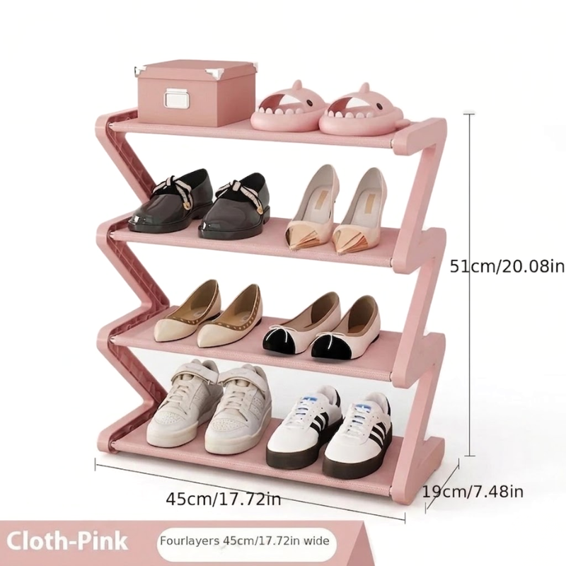 4 Tier Pink Z-Shaped Shoe Rack Space-Saving Storage Organizer