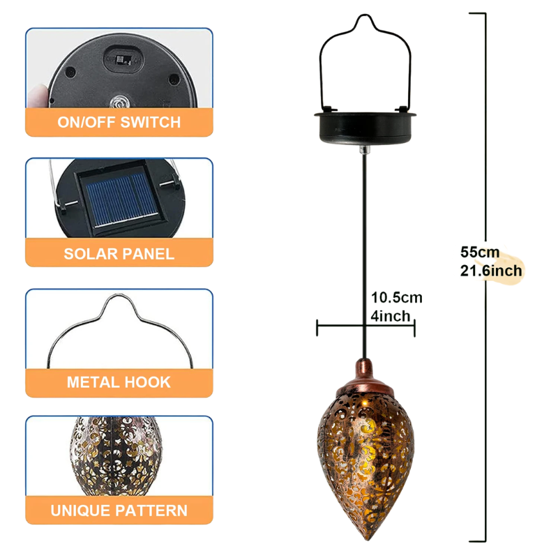 Solar Hanging Lantern Drop Shape Iron Garden Light Outdoor Decorative Lamp Bronze