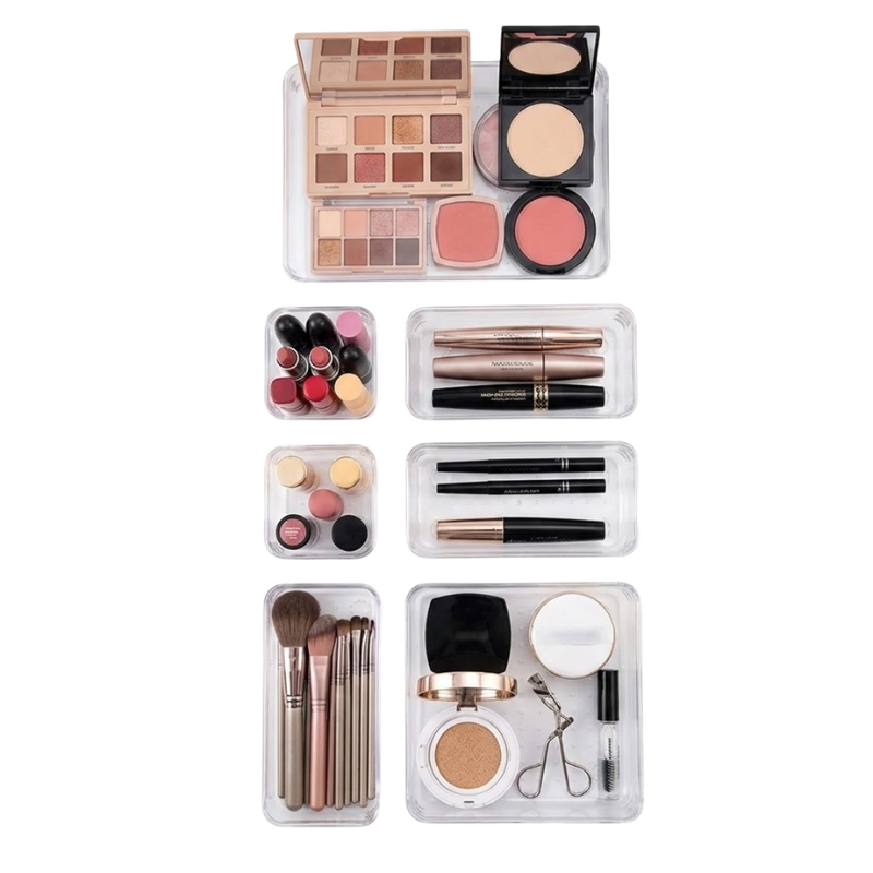 7 Piece Clear Drawer Organizer Set Plastic Storage Boxes Multi Size Makeup Bathroom Desk