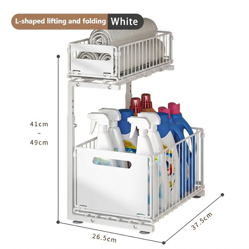 2 Tier White Pull Out Cabinet Organizer Adjustable Under Sink Storage Rack