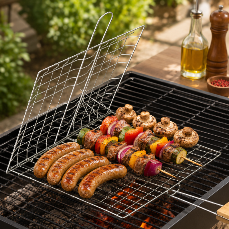 Foldable Stainless Steel BBQ Grilling Basket with Wooden Handle for Fish Meat and Vegetables