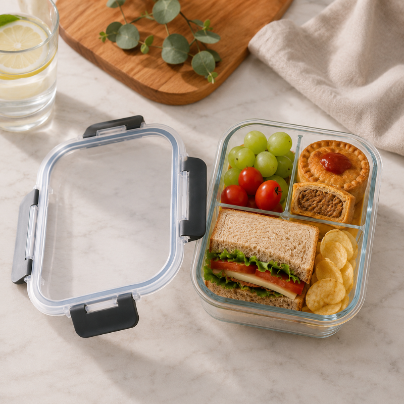 1040ml Rectangular Glass Lunch Box with Compartments Locking Lid Microwave Freezer Dishwasher Friendly