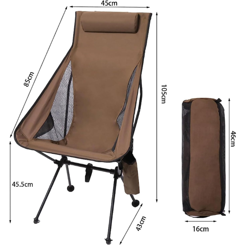 Portable Folding Camping Chair Brown with Headrest Lightweight Aluminium Outdoor Chair