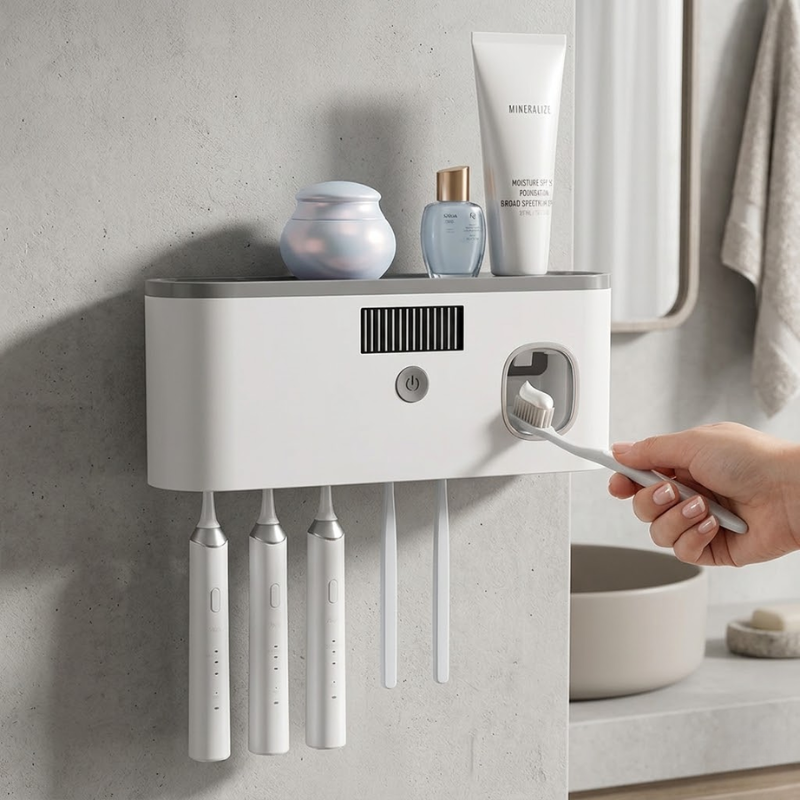 Gray Wireless Charging UV Toothbrush Disinfector Wall Mounted Holder Storage Rack