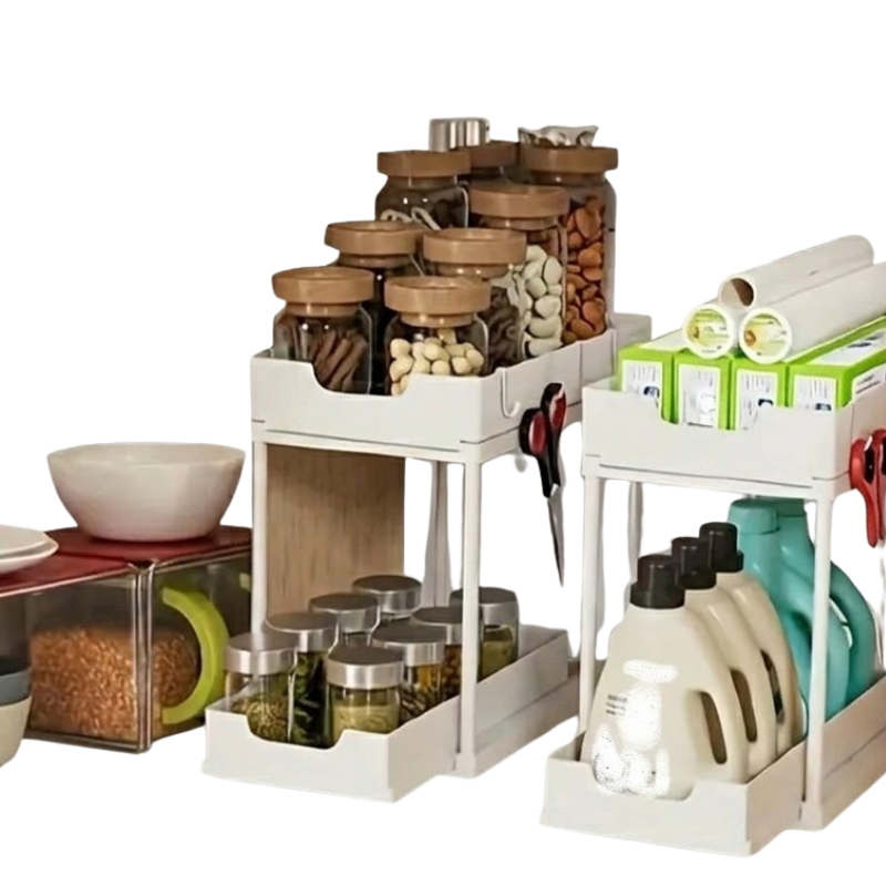 Double Layer White Pull Out Storage Rack Under Sink Organizer with Hooks