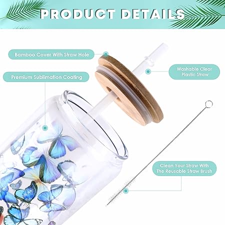 4 Piece 16oz Clear Glass Tumblers with Bamboo Lid DIY Sublimation Cups Set