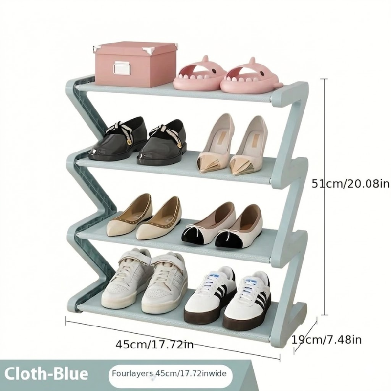 4 Tier Blue Z-Shaped Shoe Rack Space-Saving Storage Organizer