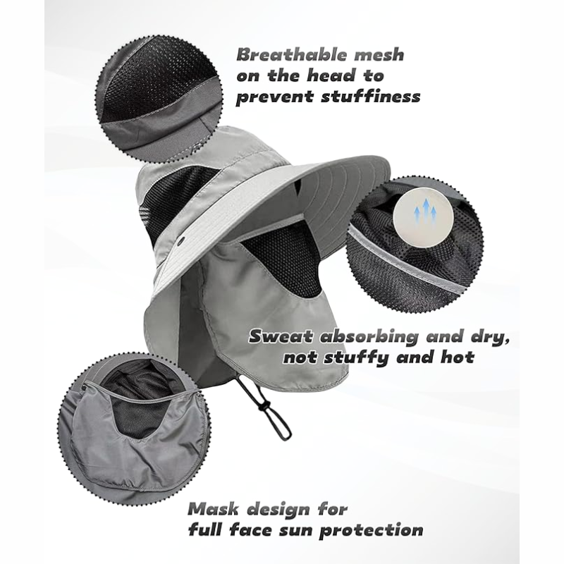 Light Gray Outdoor Sun Hat with Neck Flap Wide Brim Fishing Hiking Bucket Hat