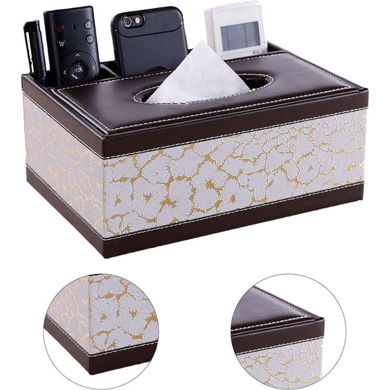 White Faux Leather Tissue Box Cover with Remote Holder Desktop Organizer