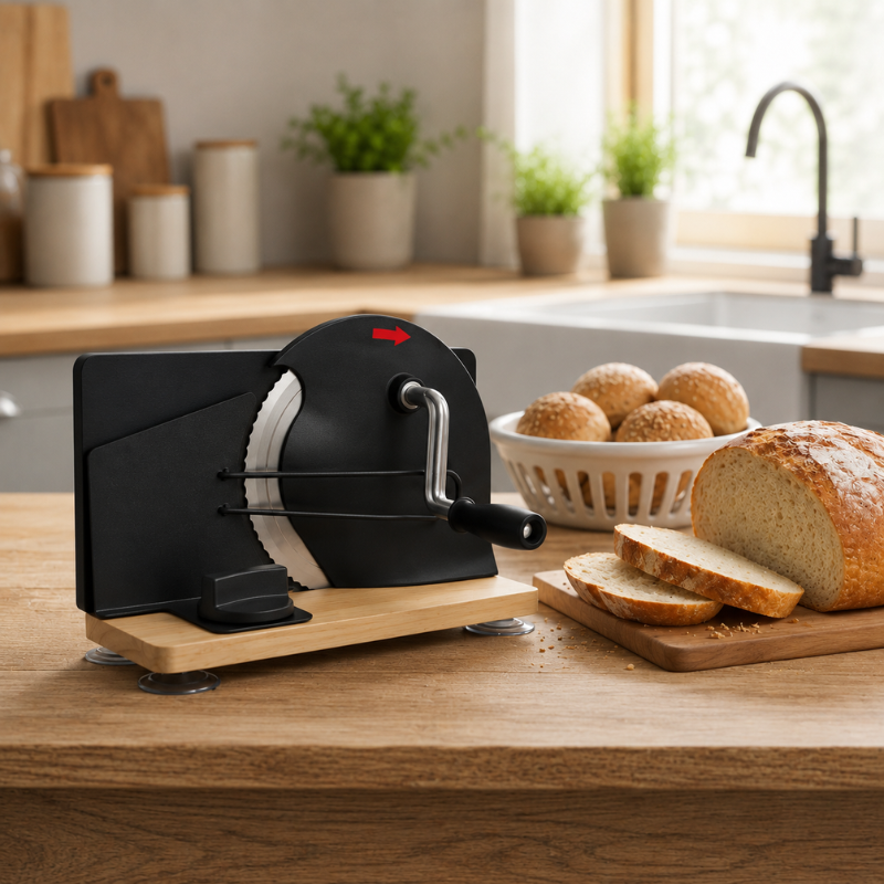 Black Manual Bread Slicer with Adjustable Thickness Stainless Steel Blade and Hand Crank