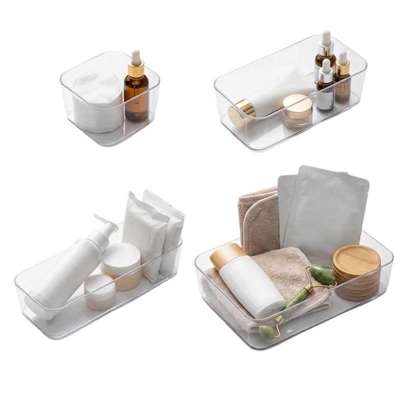 4 Piece Clear Drawer Organizer Set Plastic Storage Boxes Multi Size Makeup Bathroom Desk
