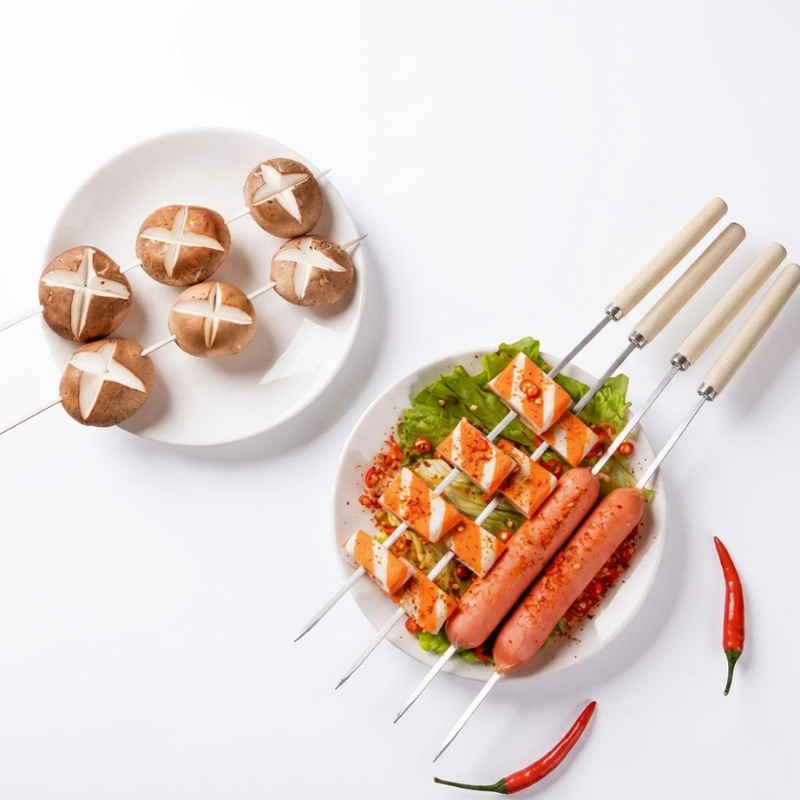 10 Pack Stainless Steel BBQ Skewers with Wooden Handles Reusable Grill Sticks