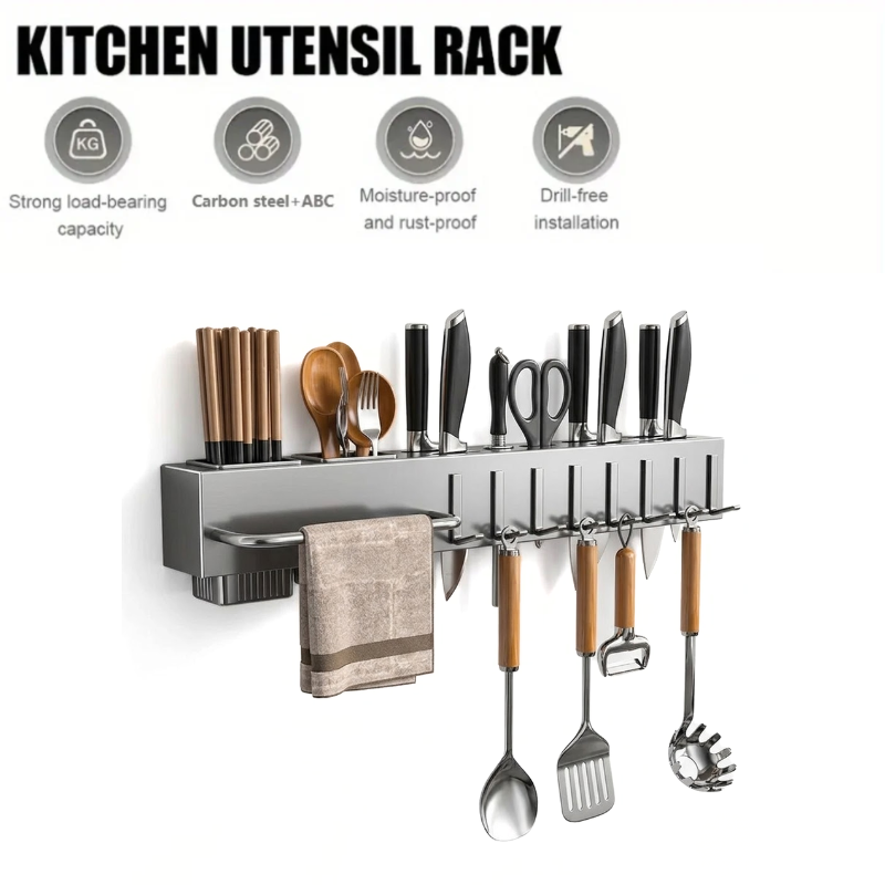 50CM Wall Mounted Kitchen Storage Rack Knife Holder Pot Lid Cutting Board Organizer