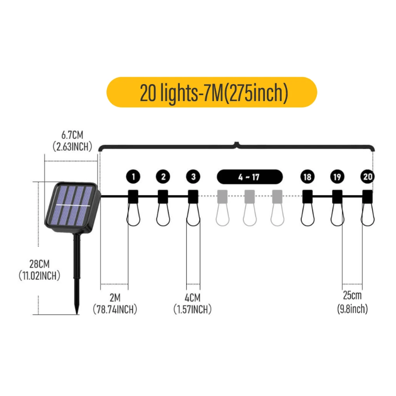 Solar String Lights 7m 20 LED Edison Bulb Waterproof Outdoor Garden Lights
