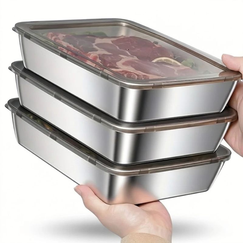 1 Piece Stainless Steel Food Storage Container Rectangle Lunch Box with Lid Kitchen Meal Prep Organizer