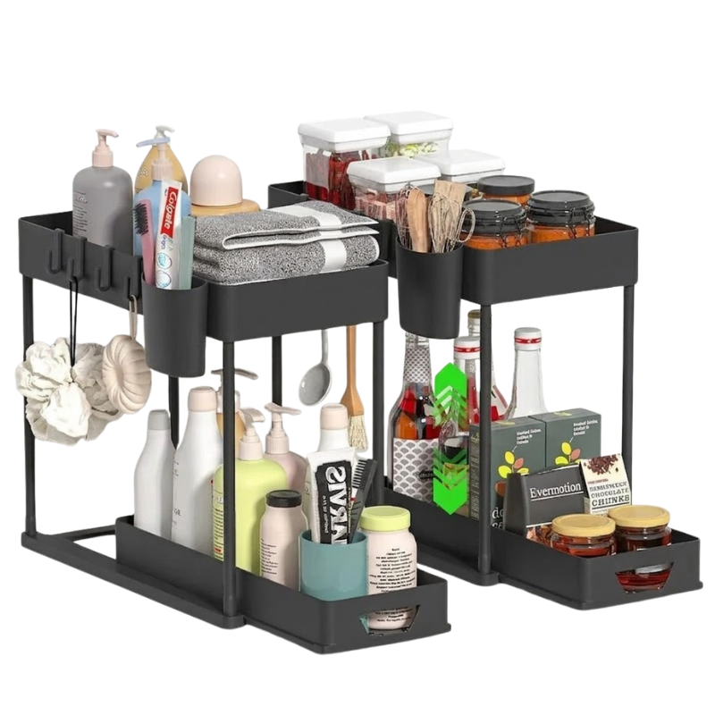 2 Tier Under Sink Organizer Sliding Pull-Out Cabinet Basket Storage Rack with Hooks