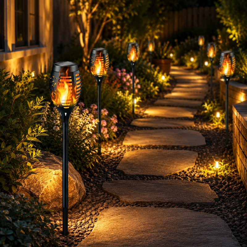 2 Piece Solar Flame Torch Light 12 LED Flickering Waterproof Outdoor Garden Lamps