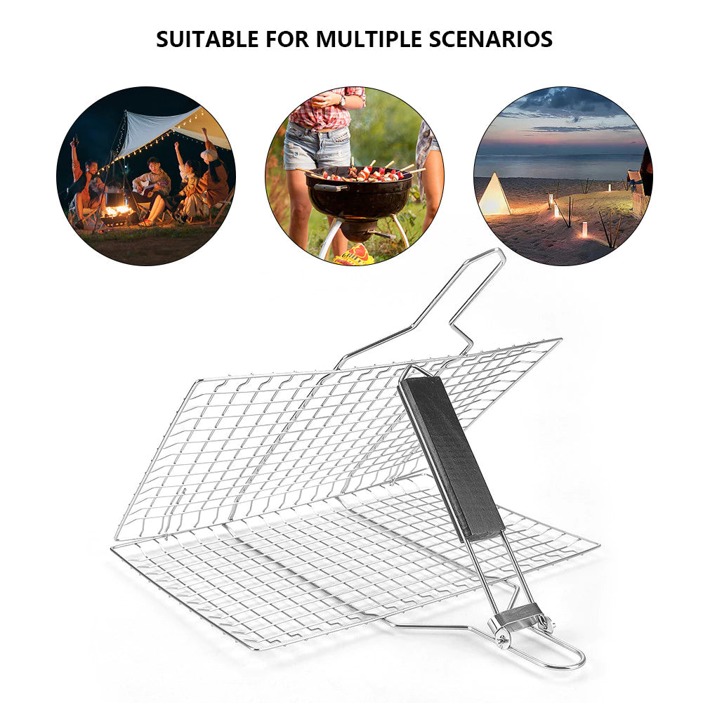 Stainless Steel BBQ Grill Basket with Foldable Handle for Meat Fish Vegetables
