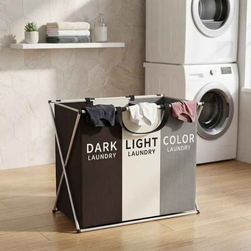 Triple Grid Foldable X-Frame Laundry Hamper Clothes Sorter Basket with Handles