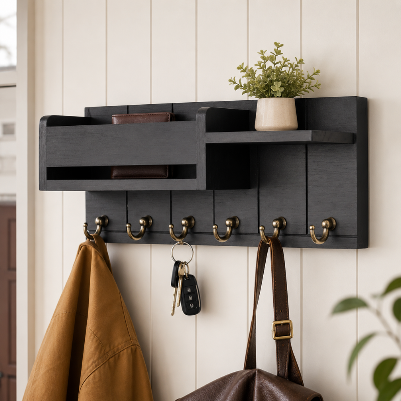 Wood Key Holder Wall Rack with Shelf and 6 Hooks Mail Organizer
