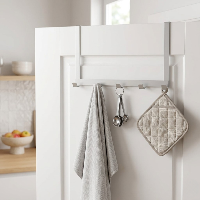 5 Hook Over Door Hanger Clothes Bag Storage Rack No Drill Iron White