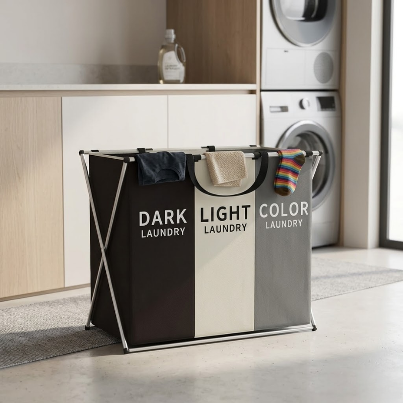 Triple Grid Foldable X-Frame Laundry Hamper Clothes Sorter Basket with Handles