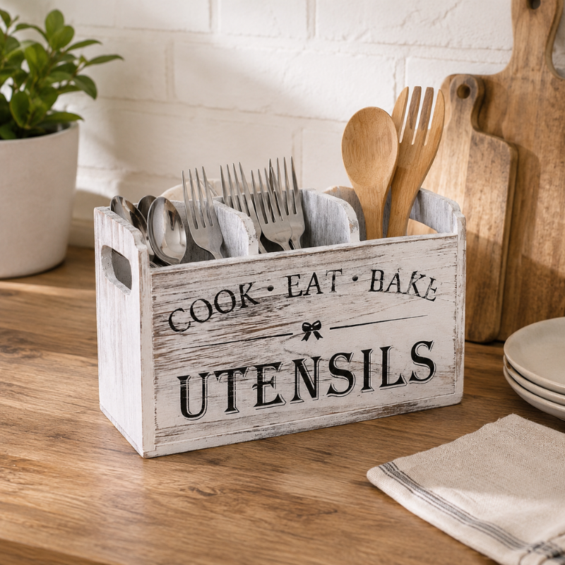 Wooden Utensil Holder White 3 Compartment Kitchen Organizer with Drainage