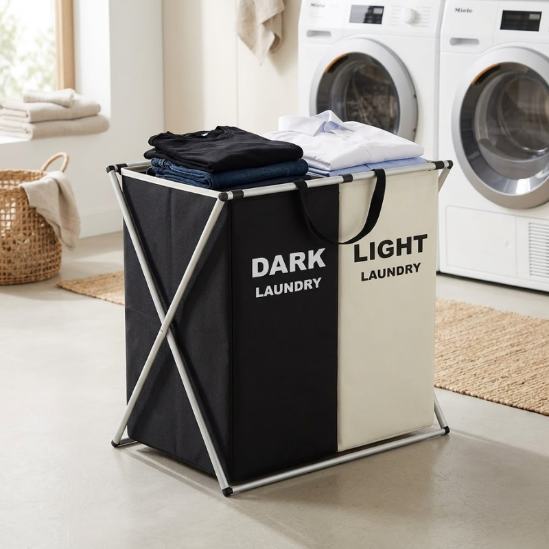 Double Grid Foldable X-Frame Laundry Hamper Clothes Sorter Basket with Handles
