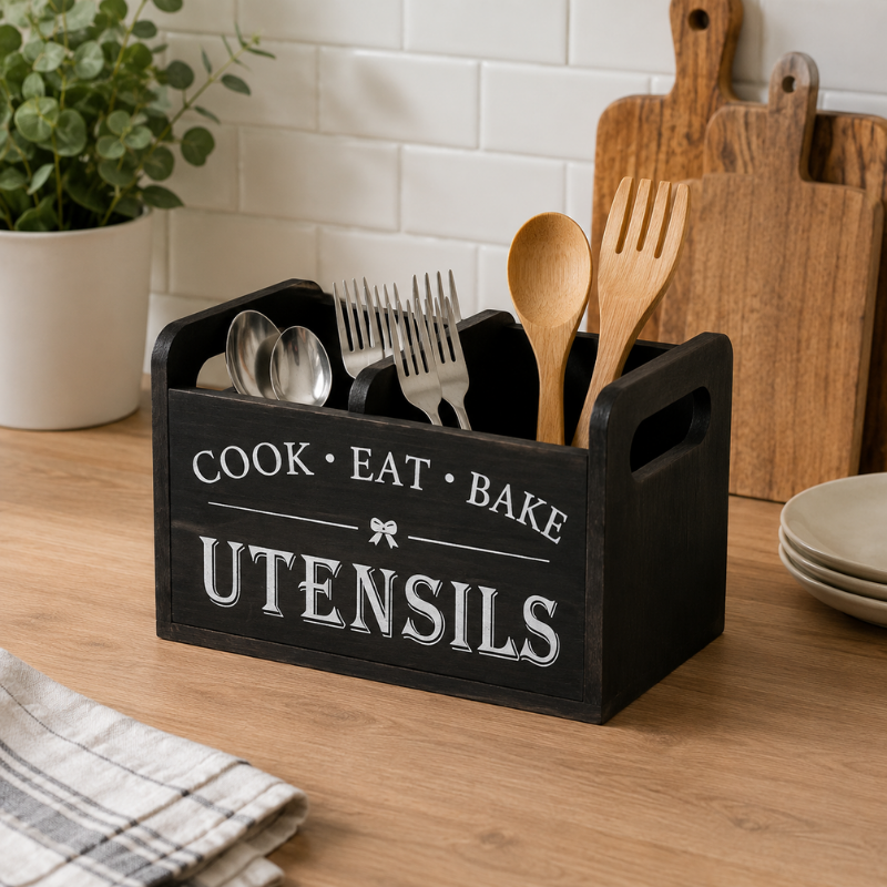 Wooden Utensil Holder Black 3 Compartment Kitchen Organizer with Drainage