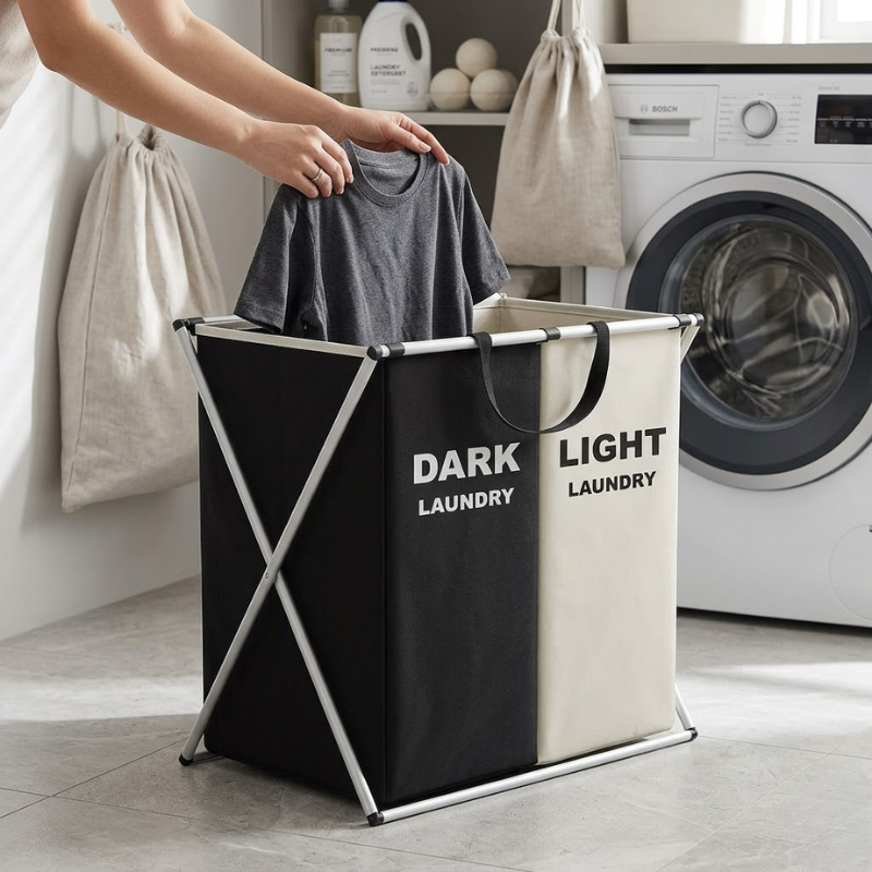 Double Grid Foldable X-Frame Laundry Hamper Clothes Sorter Basket with Handles
