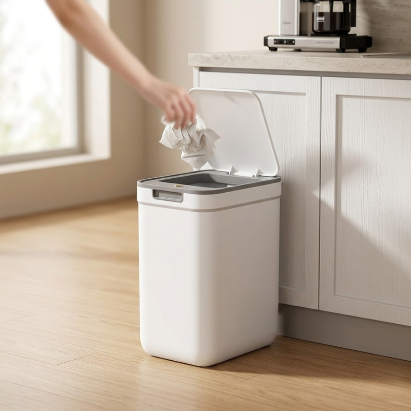 9L Touchless Bathroom Trash Can Wall Mounted Odor Sealing Waste Bin Compact Plastic