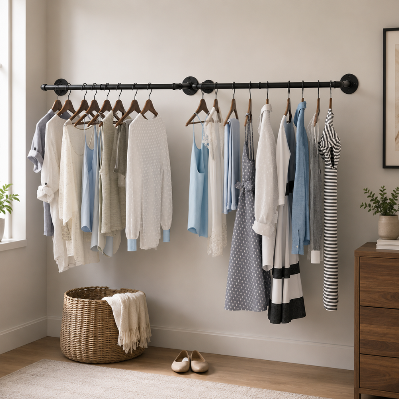 2 Pack Industrial Pipe Clothes Rack Wall Mounted Garment Rail with Hooks Black Metal
