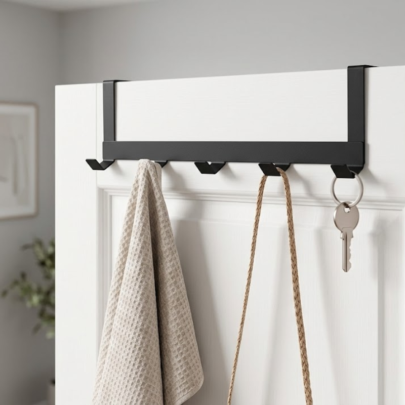 5 Hook Over Door Hanger Clothes Bag Storage Rack No Drill Iron Black