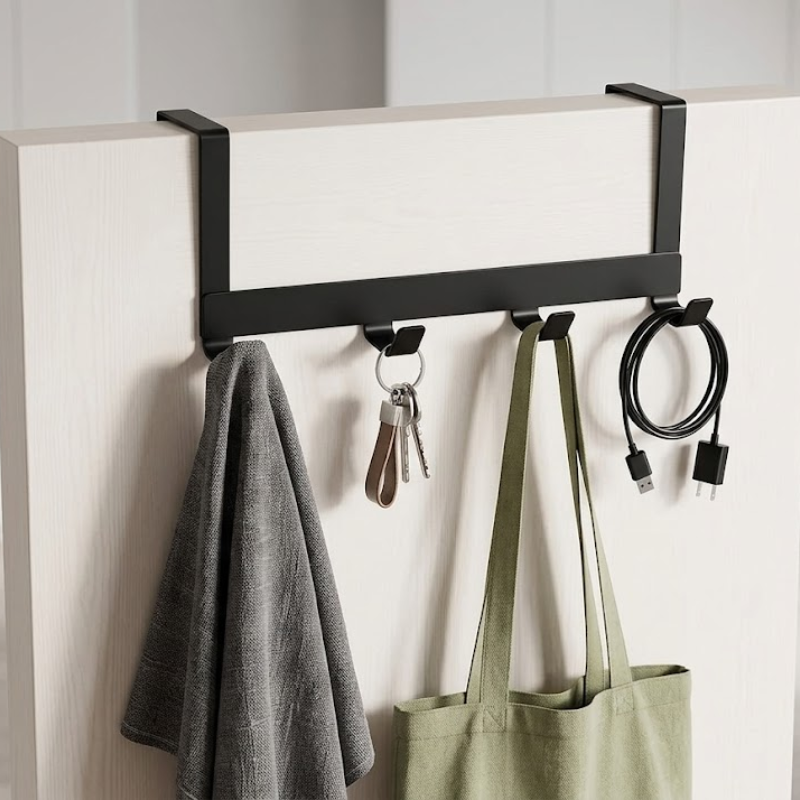 5 Hook Over Door Hanger Clothes Bag Storage Rack No Drill Iron Black