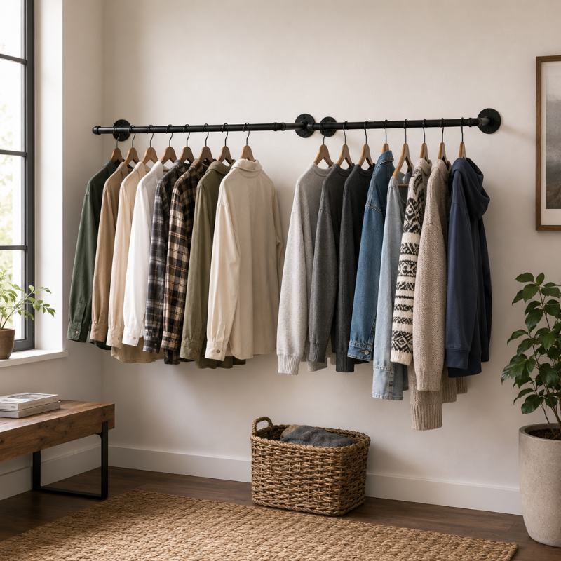 2 Pack Industrial Pipe Clothes Rack Wall Mounted Garment Rail with Hooks Black Metal