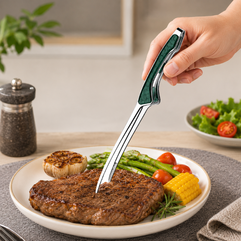 Green Silver Stainless Steel BBQ Tongs Non-Slip Cooking Food Clip