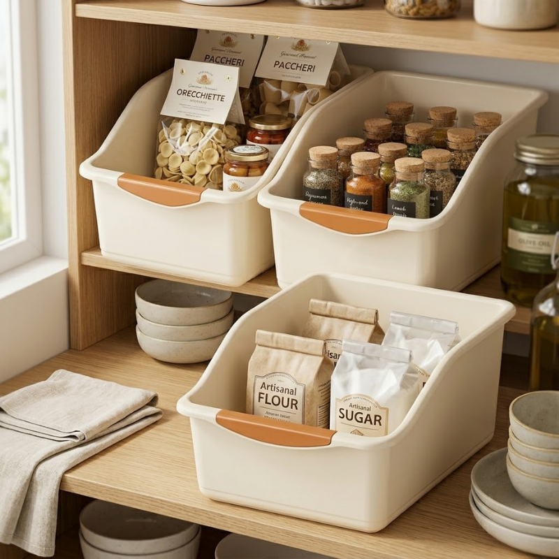 3 Piece Large Under Sink Organizer with Wheels Pull-Out Storage Bins Beige Kitchen Cabinet Organizer