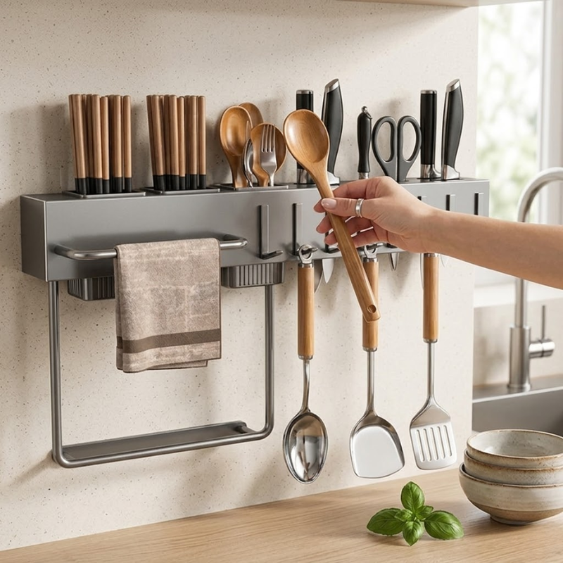 60CM Wall Mounted Kitchen Storage Rack Knife Holder Pot Lid Cutting Board Organizer