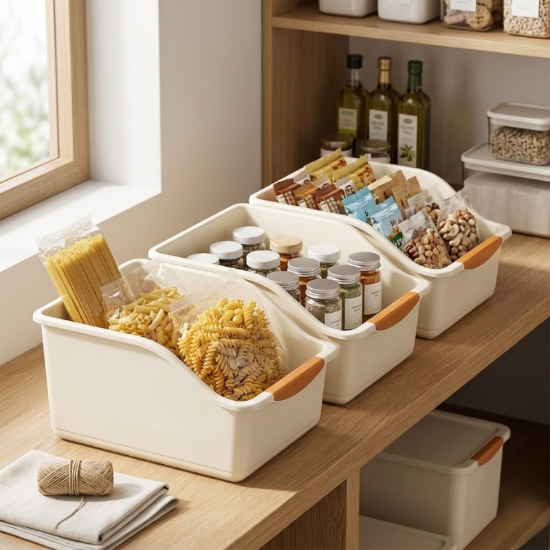 3 Piece Large Under Sink Organizer with Wheels Pull-Out Storage Bins Beige Kitchen Cabinet Organizer