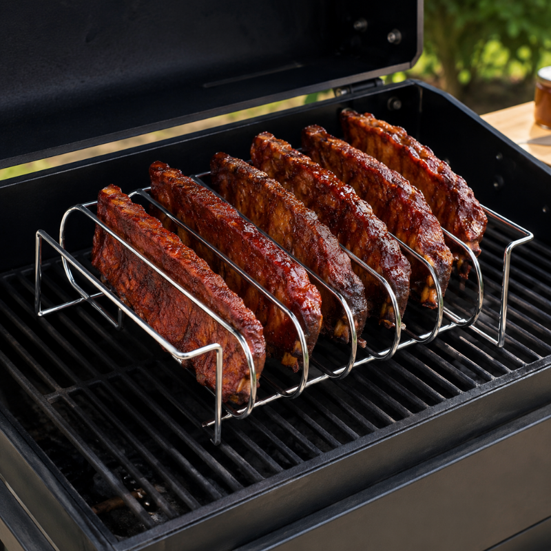 Silver BBQ Rib Rack Roasting Stand Holds 4 Ribs for Grill Oven