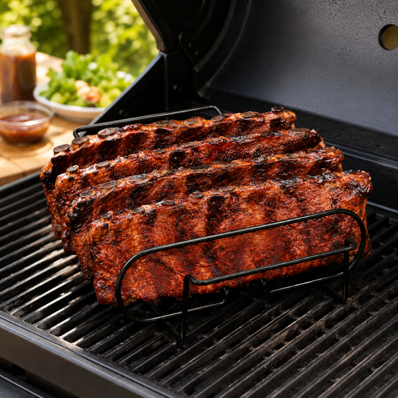 Black BBQ Rib Rack Roasting Stand Holds 4 Ribs for Grill Oven